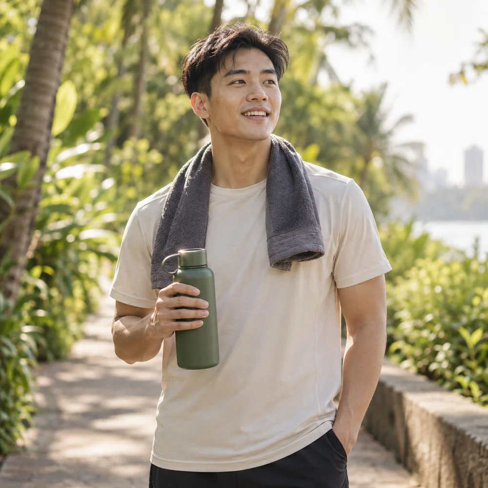A young adult taking a water break on a tropical park trail