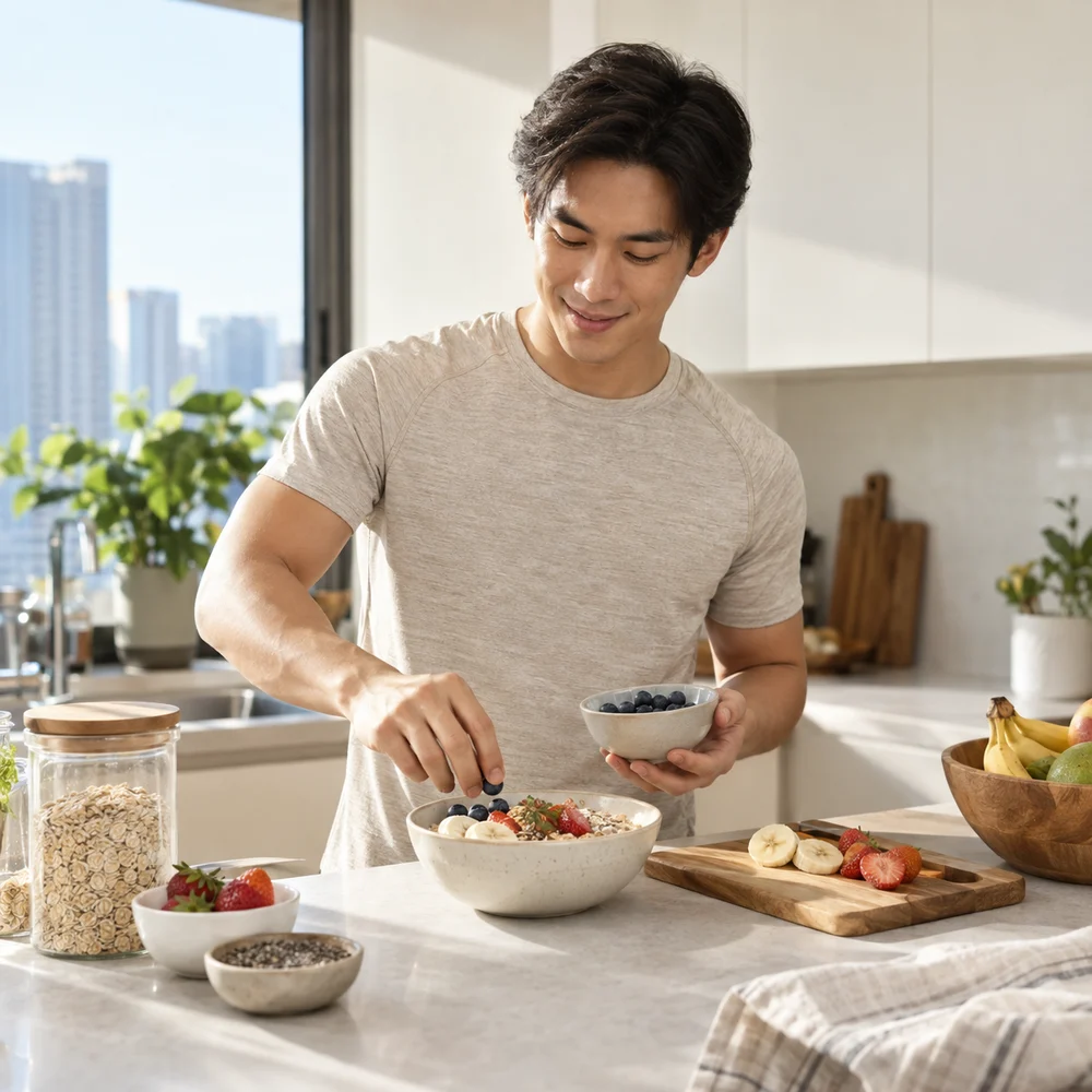 A young adult preparing a balanced breakfast in a sunlit kitchen