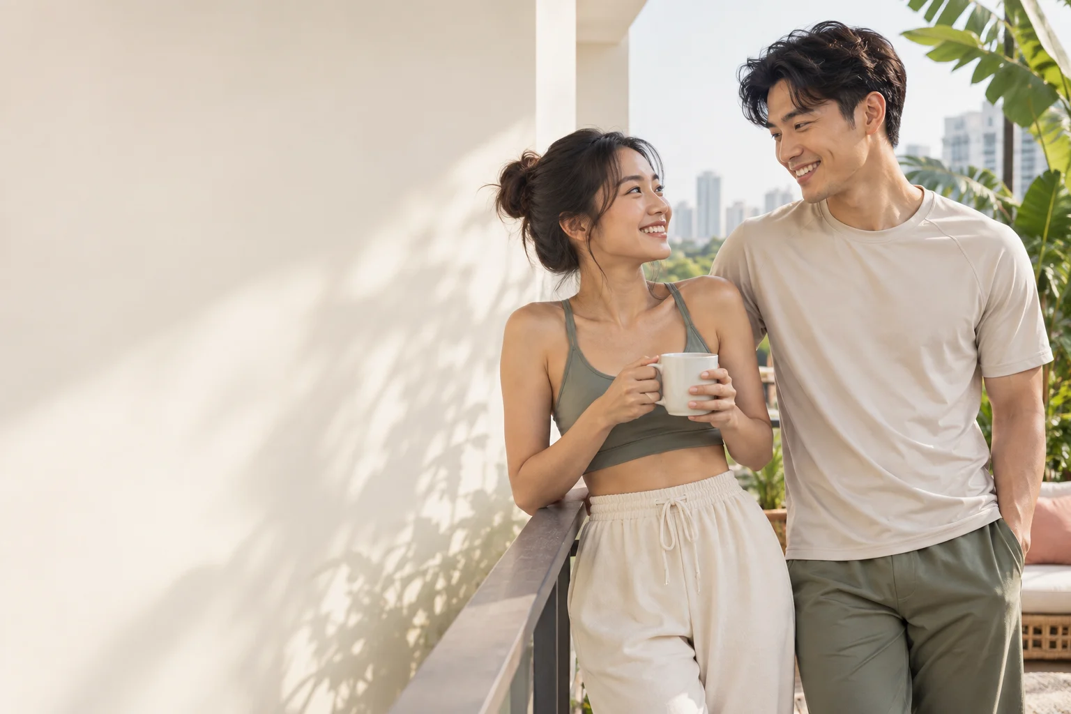 Two young adults sharing a relaxed moment on a sunlit balcony